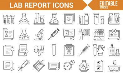 Laboratory-related icons including test tubes, lab reports, syringes, and research tools.