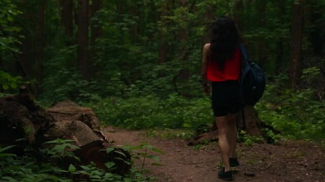 Happy woman walking on path in a green forest alone and loud shouting with backpack. Sport girl hiking in summer wood on trees on sun day with natural birds singing. Person coming in bright dress