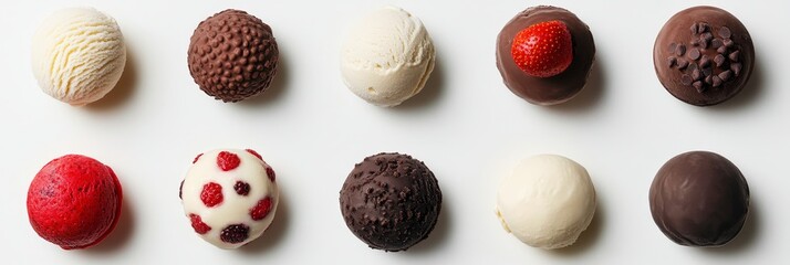 Delicious Assortment of Chocolate Truffles and Ice Cream Balls Displayed on a White Background at a Dessert Shop