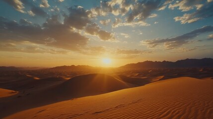 Stunning Sunset Over Sand Dunes in Desert Showcasing Vibrant Colors and Serene Atmosphere During Twilight Hours