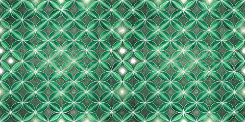 Intricate green geometric pattern with floral motifs and shimmering highlights.