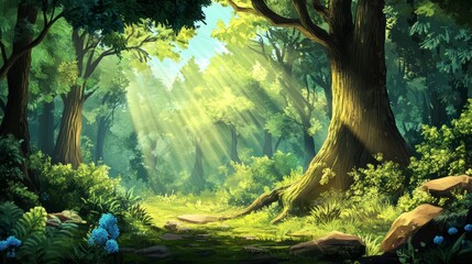 Vibrant Forest Glade With Sunlight Filtering Through Tall Trees and Illuminating Lush Green Foliage in a Serene Outdoor Setting