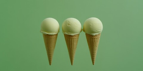 Three Ice Cream Cones With Smooth Light Green Scoops Against a Pastel Green Background