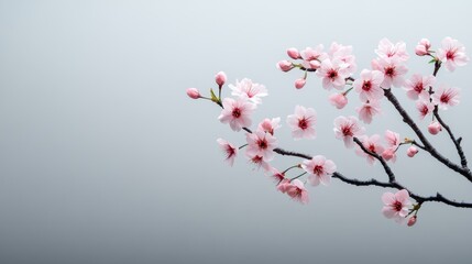 Cherry Blossom Branch Displays Delicate Pink Flowers Against a Soft Gray Background During Springtime, Evoking a Sense of Tranquility and Renewal in Nature