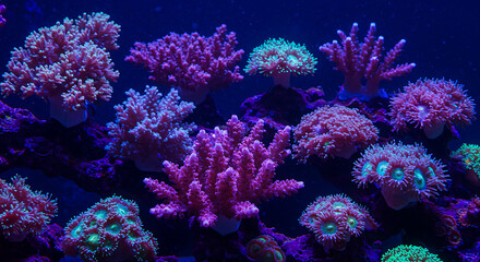Obraz premium Vibrant Tropical Coral Reef Under Blue Light