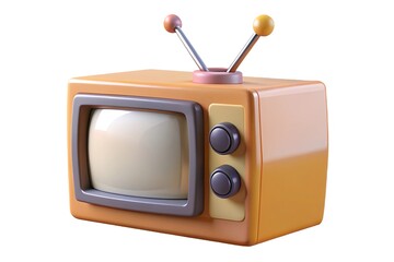 Retro Cartoon TV Set. Orange 3D Television Receiver with Antenna on White
