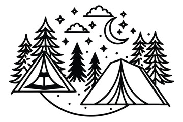 Camping Adventure Silhouette with Dog Illustration Outdoor Scene with Tent Trees and Canine Companion