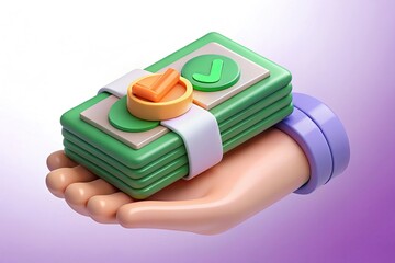 Stylized Hand Holding Stack of Money with Check Marks and Ribbon Design