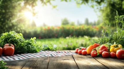 Freshly Harvested Vegetables Displayed on a Wooden Table in a Serene Garden Setting at Dusk With Sunlight Illuminating the Vibrant Colors of the Produce