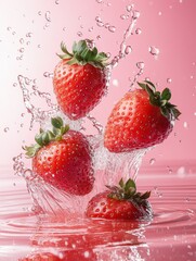 Fresh strawberries splashing in water with pink background showcasing vibrant color and juicy texture of the fruit.
