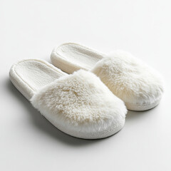 A pair of soft, white, fluffy slippers designed for indoor comfort and warmth, placed side by side on a plain white background.