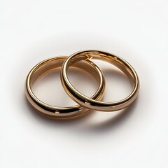 Two simple gold wedding rings intertwined on a white background symbolizing marriage and unity.