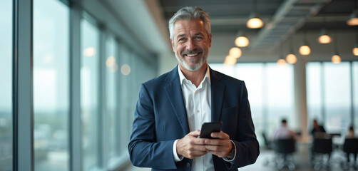 Mature businessman trader uses smartphone in office. Middle aged manager with mobile trading app. Digital tech solutions for trade. Successful man works online. Finance, income, profit, career.