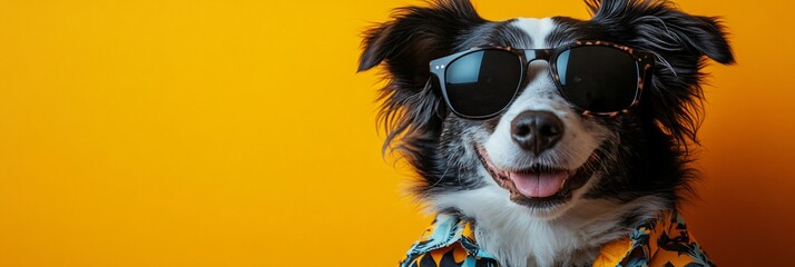 Dog in sunglasses on yellow background with copy space