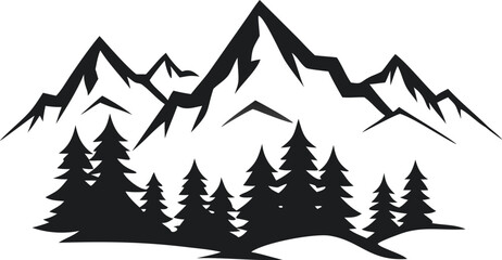 Obraz premium A stylized black and white illustration of a mountainous landscape, featuring several peaks of varying heights.