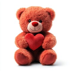 Obraz premium A cute, fluffy teddy bear holding a red heart, symbolizing love and warmth, against a clean white background.