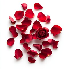 A single red rose surrounded by scattered red rose petals on a white background.