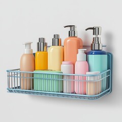 A variety of colorful soap and lotion bottles organized neatly in a blue wall-mounted metal basket.