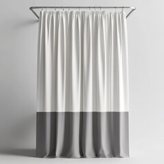 A two-tone white and gray shower curtain hanging from a metal rod against a plain light gray background.