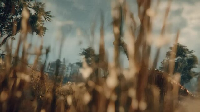 A long necked dinosaur moves through a tall grassy field Trees are visible in the background under a partly cloudy sky Prehistoric adventure awaits