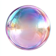 A translucent, iridescent soap bubble with a spectrum of pastel colors reflecting light on a white background.