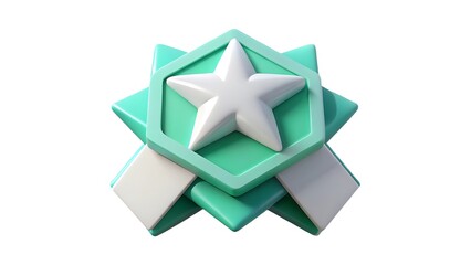 3d rendered badge illustration featuring white star and geometric shapes on isolated background