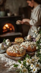 Easter breads rising in a rustic kitchen with floral accents