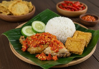 Spicy Ayam Geprek with Sambal on Banana Leaf Plate