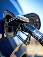 Obraz premium Fueling Car Gas Pump Nozzle Close Up Shiny Metal Blue Sky