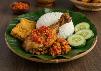 Spicy Ayam Geprek with Sambal on Banana Leaf Plate