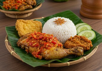 Spicy Ayam Geprek with Sambal on Banana Leaf Plate