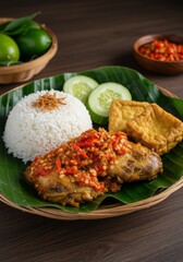 Spicy Ayam Geprek with Sambal on Banana Leaf Plate