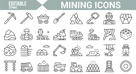 Mining machinery and excavation tool icons, perfect for use in industrial, geological, and construction projects.