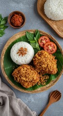 Crispy Ayam Kremes with Rice and Sambal Presentation