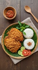 Crispy Ayam Kremes with Rice and Sambal Presentation