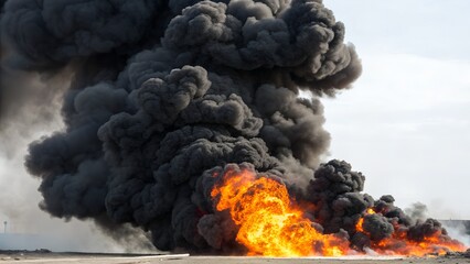 dramatic fiery explosion with dense black smoke plumes billowing skyward over scorched ground in high‑intensity industrial blaze