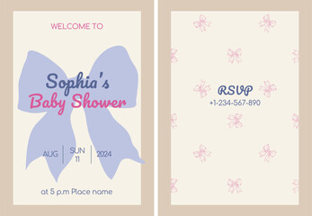 Baby birthday invitation card with cute ribbon bows in retro vintage whimsical style. Vector printable template design for newborn, baby.
