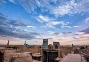 Sunset Panorama of Khiva with Kalta Minor and Islam Khoja Minarets