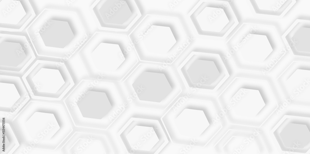 Poster pattern of multiple overlapping hexagonal shapes and soft shadows white background.