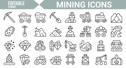Simple vector icons depicting mining tools, equipment, and excavation machinery for mining and construction projects.