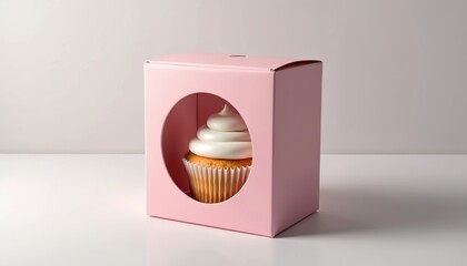 Pink cupcake box mockup with window. Vanilla cupcake with white frosting. Minimal design, perfect for branding packaging presentation. Sweet dessert for birthday celebration, bakery or cafe.