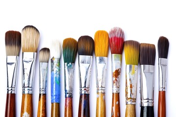 Set of Used and Colorful Paintbrushes With Wooden Handles on White Background