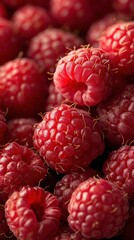 Fresh red raspberries clustered in autumn light with detailed textures