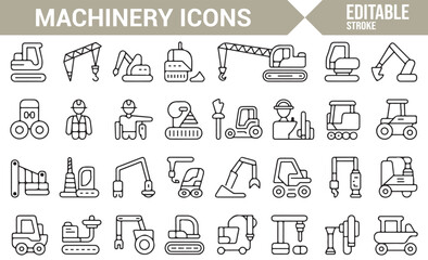 Icons representing construction machinery, such as bulldozers, excavators, cranes, and industrial tools.