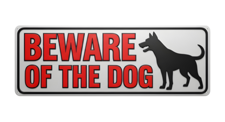  "Beware of the Dog" Warning Sign with Dog Silhouette on White Background and Red Text, Isolated on Transparent Background