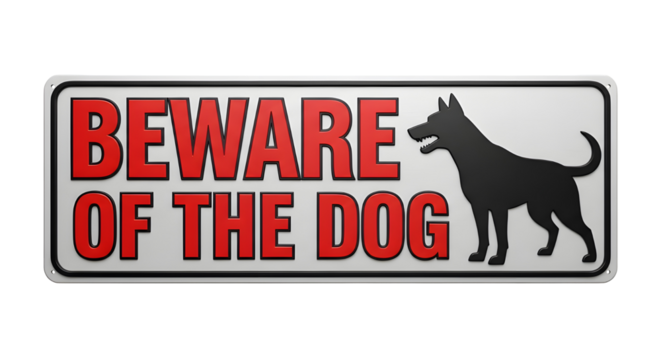 "Beware of the Dog" Warning Sign with Dog Silhouette on White Background and Red Text, Isolated on Transparent Background