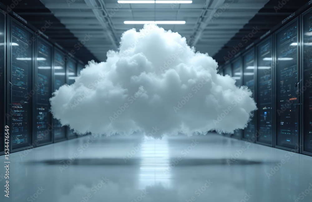 Poster cloud computing concept with massive real cloud floating in data center server room. modern digital 