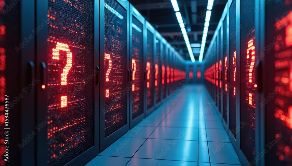 Poster data center with illuminated question marks on server racks. futuristic tech concept, representing d