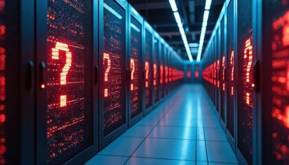 Data center with illuminated question marks on server racks. Futuristic tech concept, representing data analysis, problem-solving, AI, digital transformation, cybersecurity. Innovation, computing.