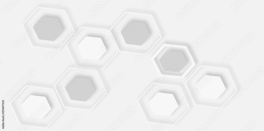 Poster pattern of multiple overlapping hexagonal shapes and soft shadows white background.